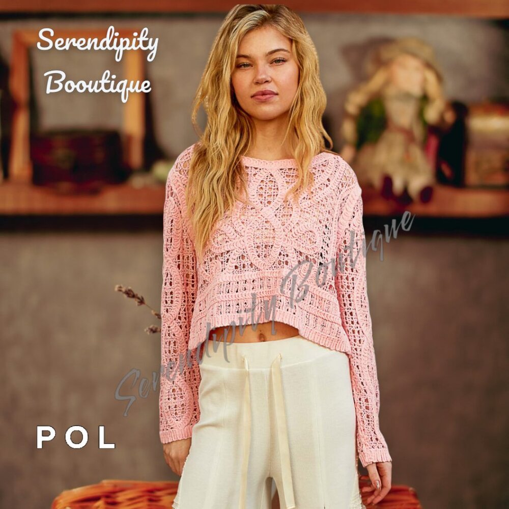 POL Petal Pink Crochet Semi Sheer Long Sleeve Crochet Soft Cotton Sweater Top - Picture 7 of 11